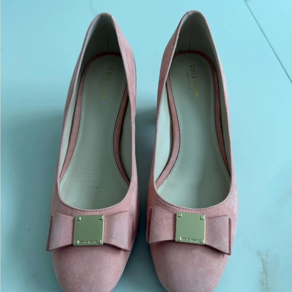 Cole Haan Blush Suede Bow Block Heel Pumps